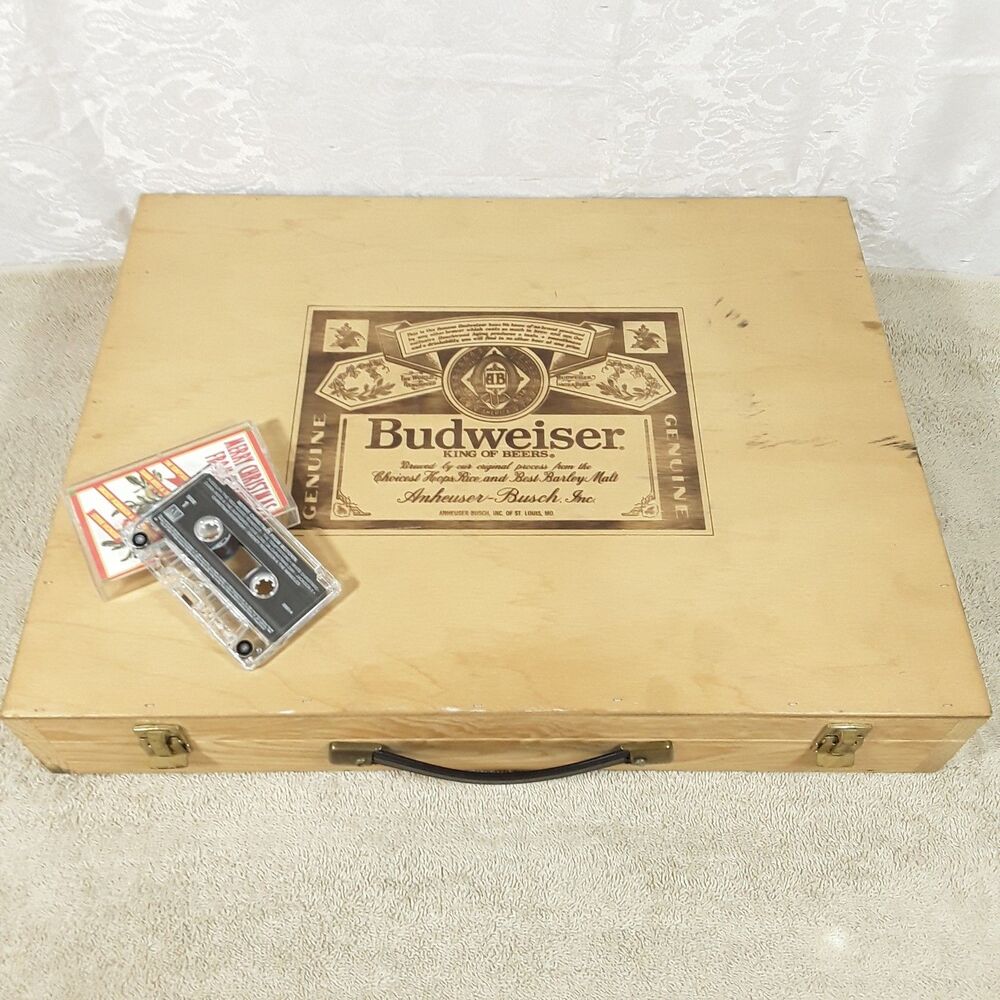 vtg 64 Tape Carrying Case, Budweiser Wooden Cassette Tape Holder, organizer rack